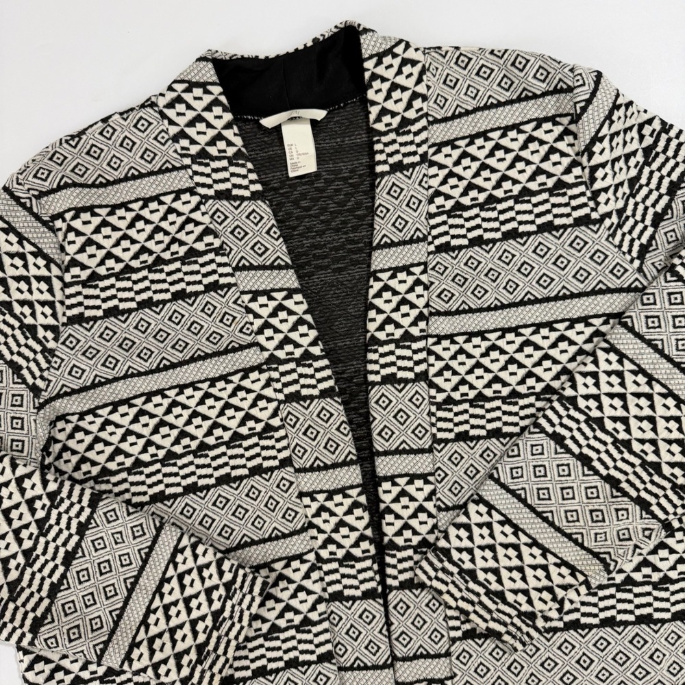 H&M Geometric Print Open Front Cardigan Sweater Long Sleeve Black White Size L